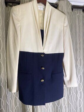 Vintage Michelle Stuart Color Block Blazer Navy Cream Gold Buttons USA 8